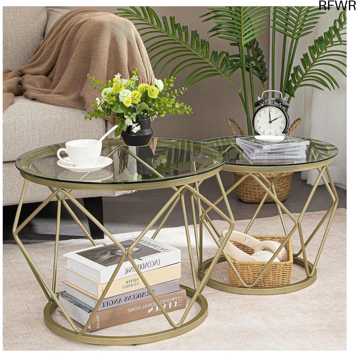 RFWR® Set van 2 ronde salontafels met metalen frame - Ideaal voor woonkamer en slaapkamer