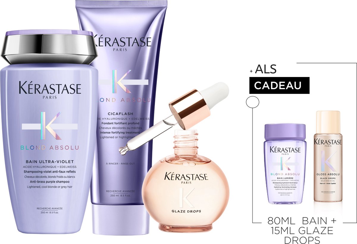Kérastase Blond Absolu & Gloss Absolu Trio + 2 Cadeau's - Shampoo 250ml, Conditioner 250ml & Glaze Drops Anti-Frizz Haarolie 45ml + Shampoo 80ml & Haarolie 15ml Cadeau – Verzorging voor ontkleurd/gehighlight blond, pluizig haar