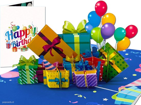 Popcards pop-up kaarten – Happy Birthday Verjaardagskaart met Cadeautjes en Ballonnen, Felicitatie Verjaardag Cadeautjes Ballonnen Jarig 3D wenskaart