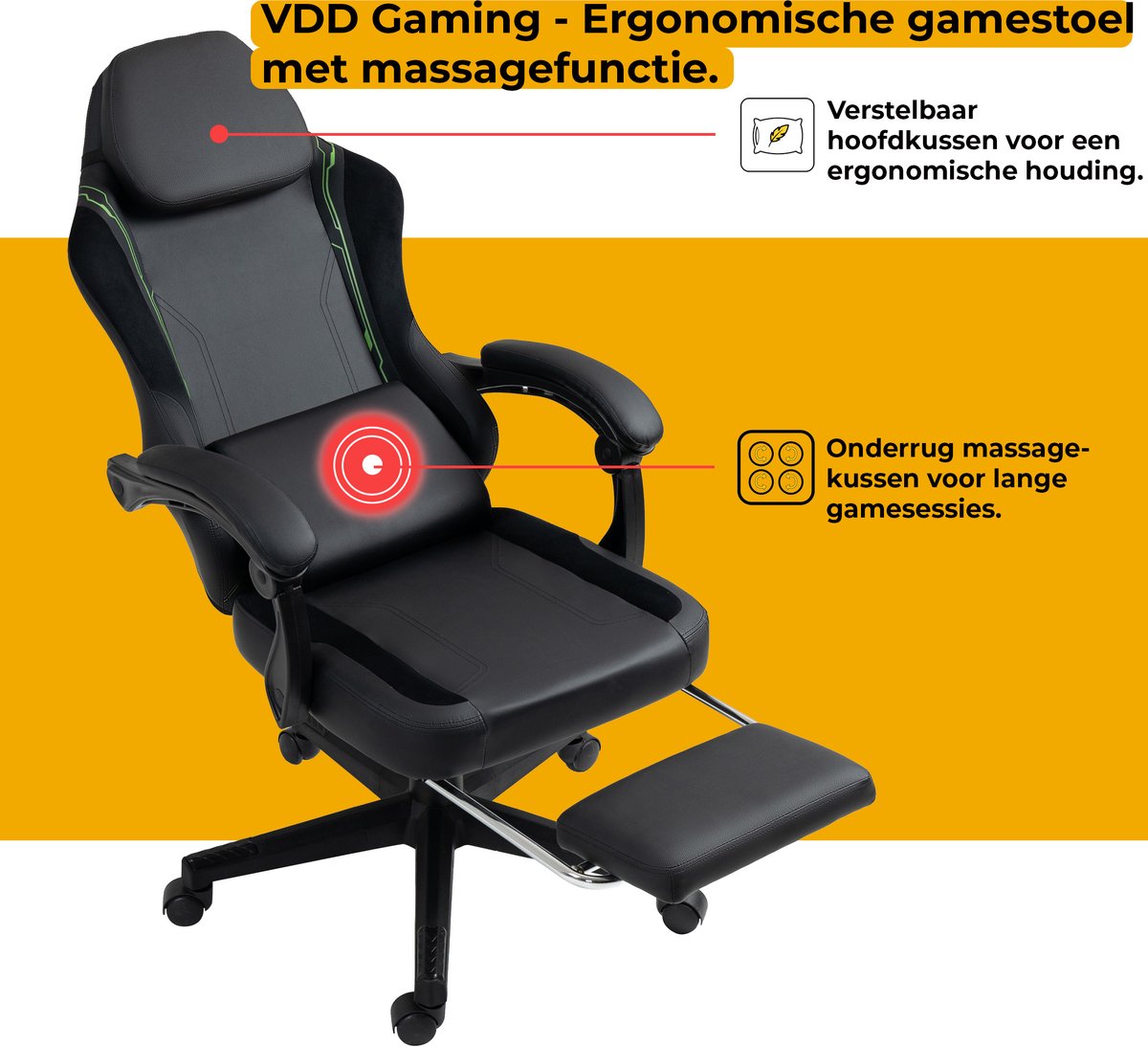 Afbeelding 3 van VDD Gaming - Gamestoel met massagefunctie en voetsteun - Gaming chair in de kleur zwart/groen - Game stoel met nekkussen & verstelbaar rugkussen - Ergonomische bureaustoel met padded armsteunen - Max draagvermogen 150 kg - Verstelbare ruggensteun