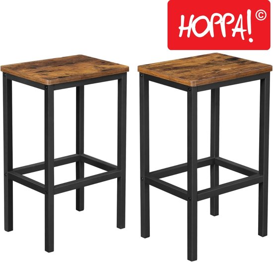 Hoppa! Set van 2 Barkrukken | Industrieel Design | Bruin & Zwart | 40 x 30 x 65 cm (L x D x H)