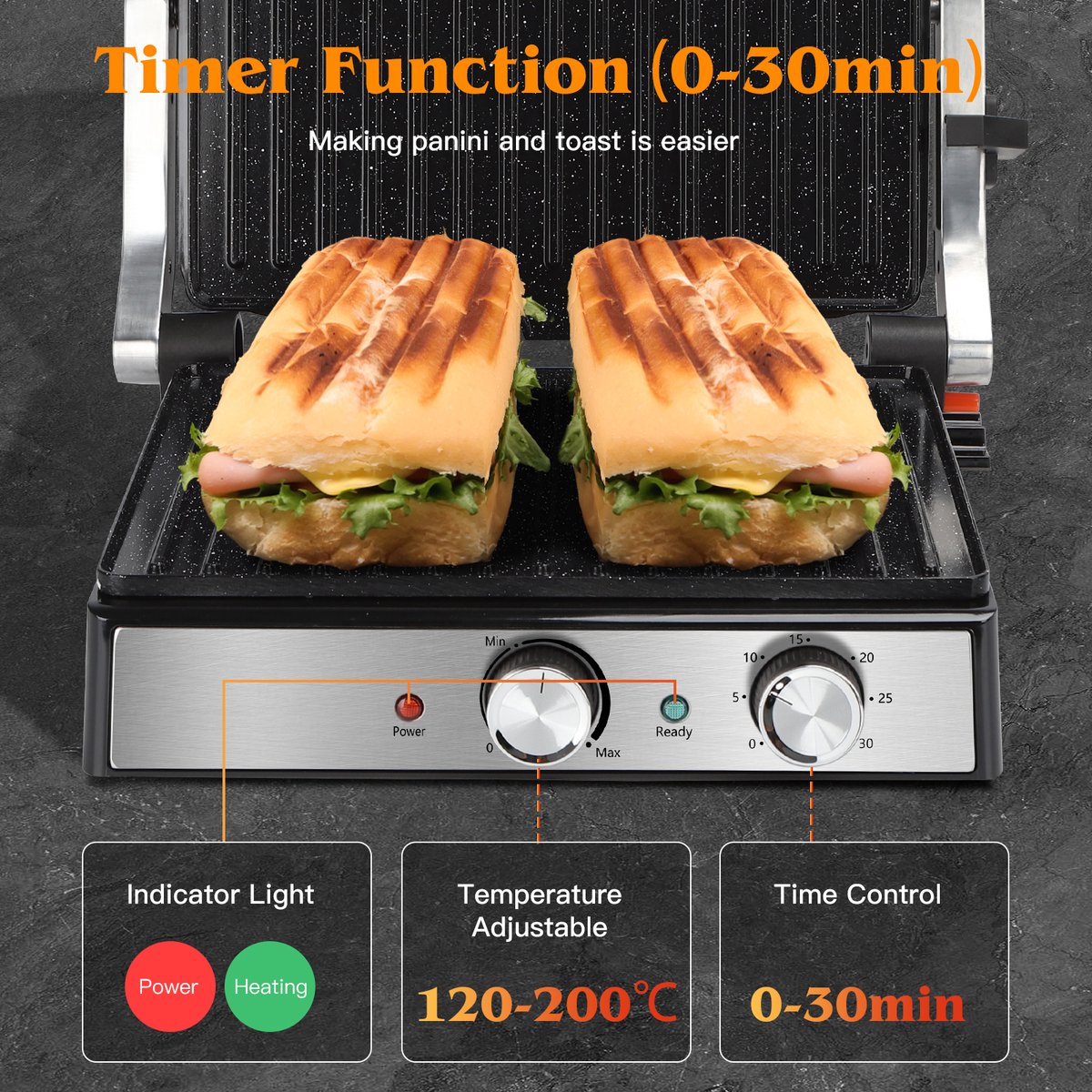 Aigostar Contactgrill - Tosti Apparaat Instelbare Temperatuur - Panini Grill - 29*23cm - PFAS-vrije keramische coating - Timer - 2000W - RVS thumbnail 5