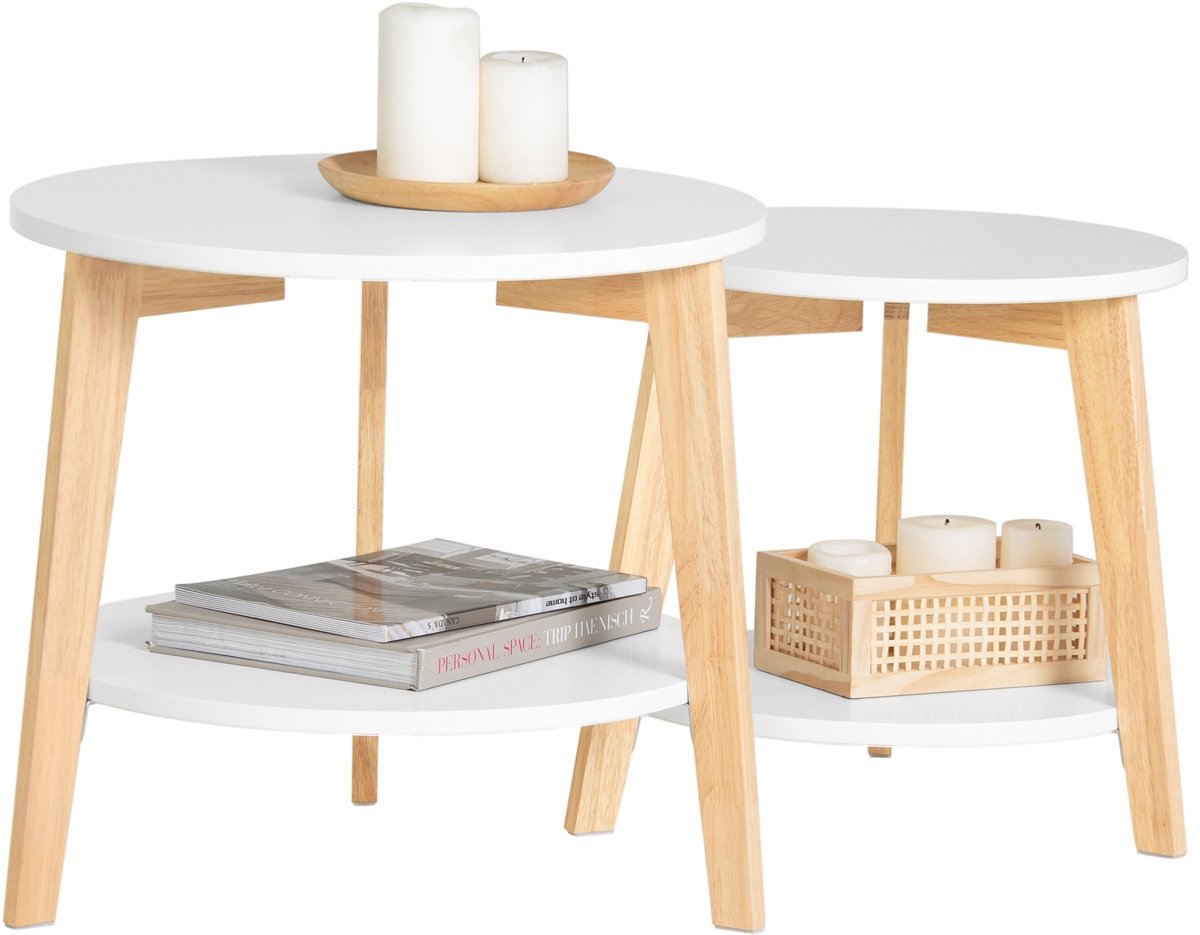 SoBuy Set van 2 Salontafels, Bijzettafels van MDF & Rubberhout, Ronde Tafelset voor Woonkamer, Wit, FBT75-W