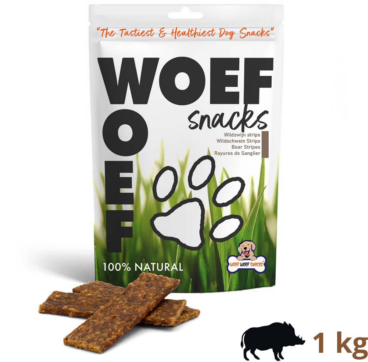 Woef Woef Snacks Hondensnacks Wildzwijn Strips - 1.00 KG - Verwensnacks - Gedroogd vlees - Wild zwijn - vanaf 3 maanden - Geen toevoegingen
