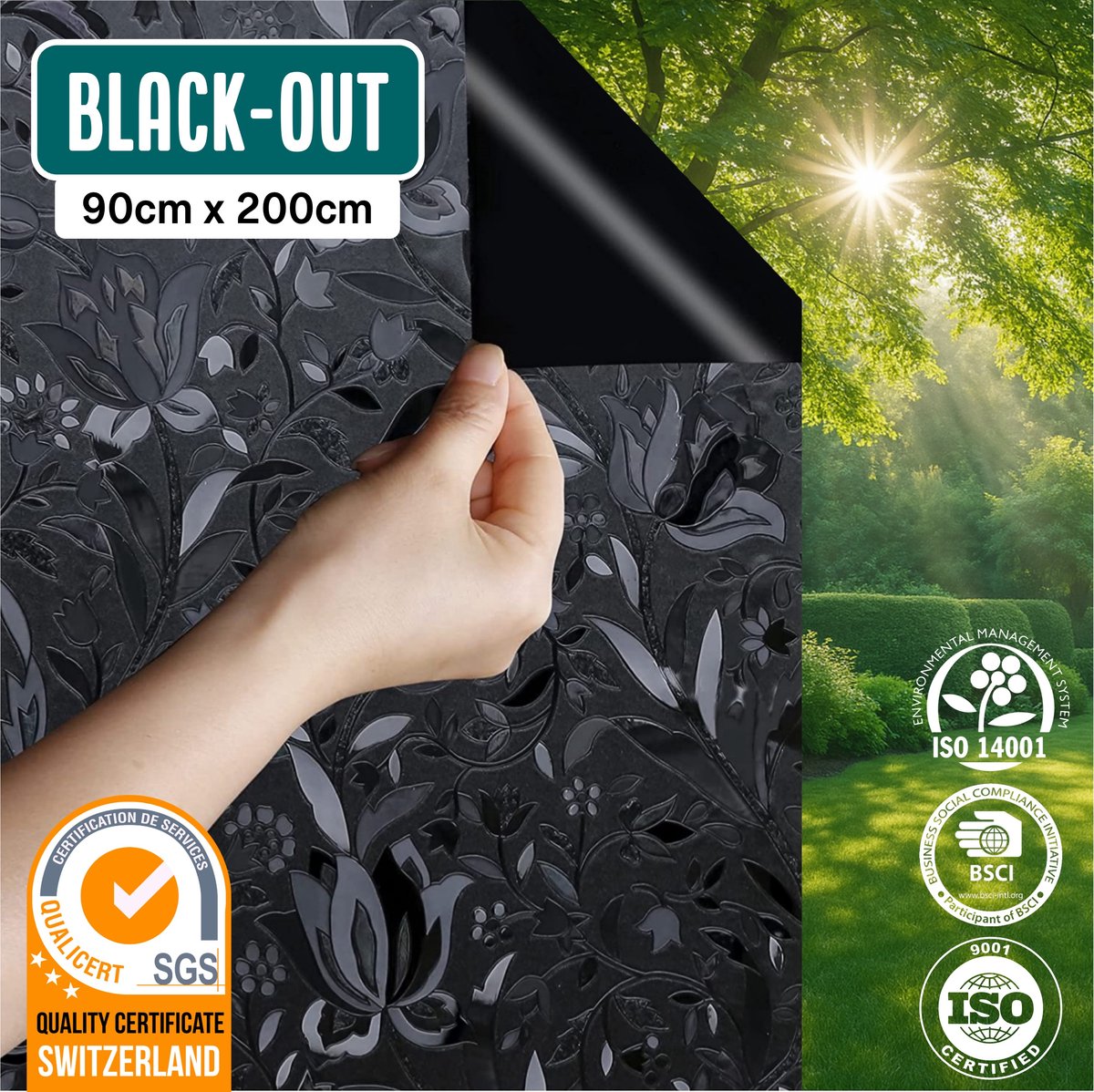 Homewell Verduisterende Raamfolie - 45x200cm - Statisch & Herbruikbaar - 100% Lichtdicht - Raamfolie Zwart met Bloemen - Zonwerend & Anti-inkijk Blackout