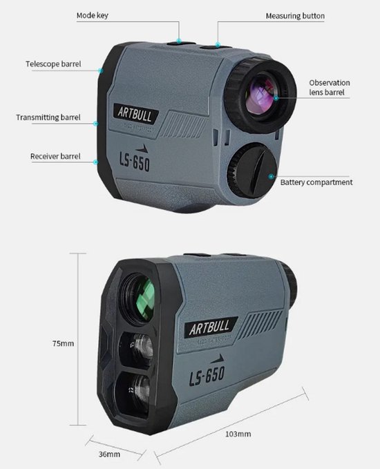ARTBULL LS-650 Laser Afstandsmeter - 650 Meter Bereik - 6x Zoom - Inclusief Beschermhoes - Golf Slope & Vlag Vergrendeling - Waterdicht van ART — afbeelding 5