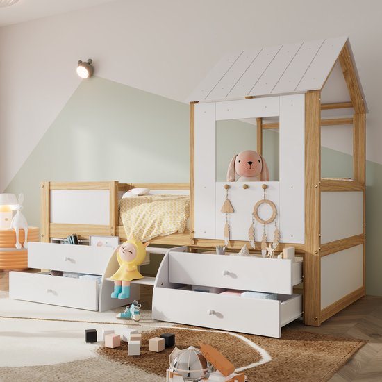 Halfhoog bed - Knorr bed met dak en raam - hekwerk aan alle kanten - met 4 lades en kleine trap - wit - 90x200 cm