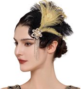 Allecto Plus - Fascinator in zwart en goud met strass, jaren 20 pauwthema voor haaraccessoires