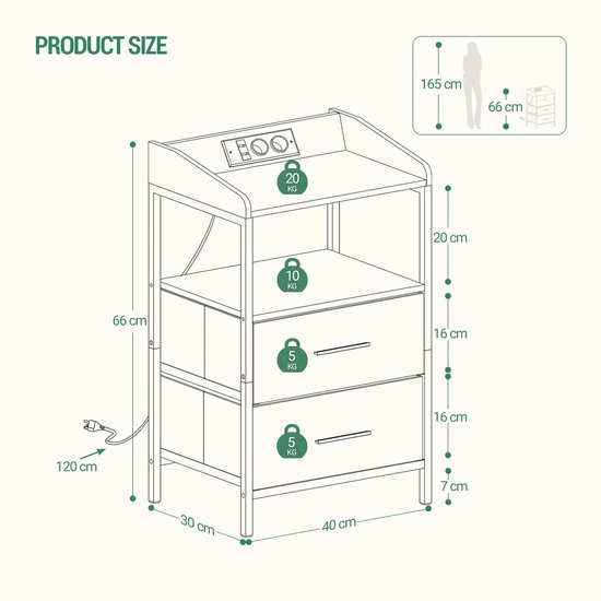Table de chevet - Set de 2 - Avec Siècle des Lumières LED - Avec station de charge - Avec entrée USB - Avec prise de courant - Avec tiroir - Avec étagère - Zwart