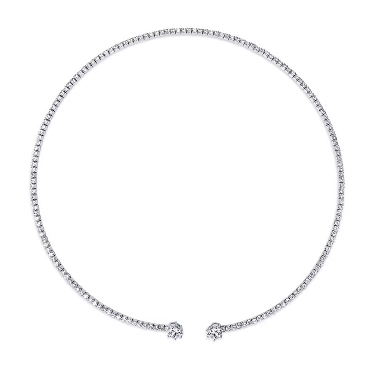 Selevie Ketting - Zilveren Choker Ketting Volledig Bezet met Moissanite – 40 cm – Uiteindes extra 0.8 ct Moissanite hart vormig- Luxe tennis ketting - Diamond chocker