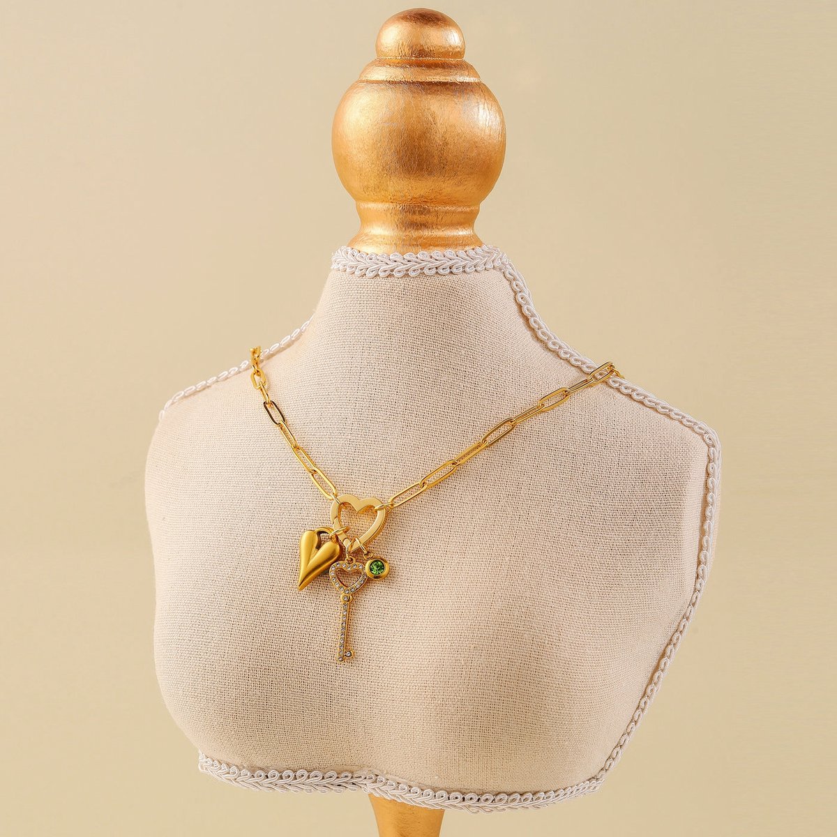 Handgemaakt Key to My Heart Necklace met Groen Spinel Stone - Heart Clasp Chain -18k Verguld - Roestvrij staal - Bedels - Ketting dames - Waterproof