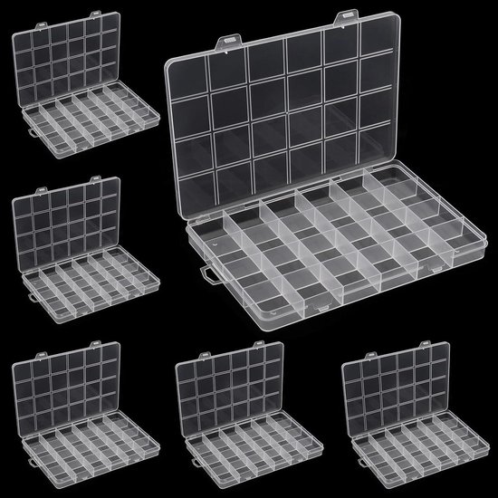 Allecto Plus - Sorteerdozen 6 Stuks 24 Vakjes Transparant Kunststof Verstelbare Opbergdozen met Verdeelschotten Sieraden Kralen Oorbellen (Vast Model)