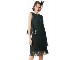 Inovra Plus - Dames Charleston-jurk knielengte jaren 20 Gatsby donkergroen XL - feestelijk kostuum cocktailjurk met franjes