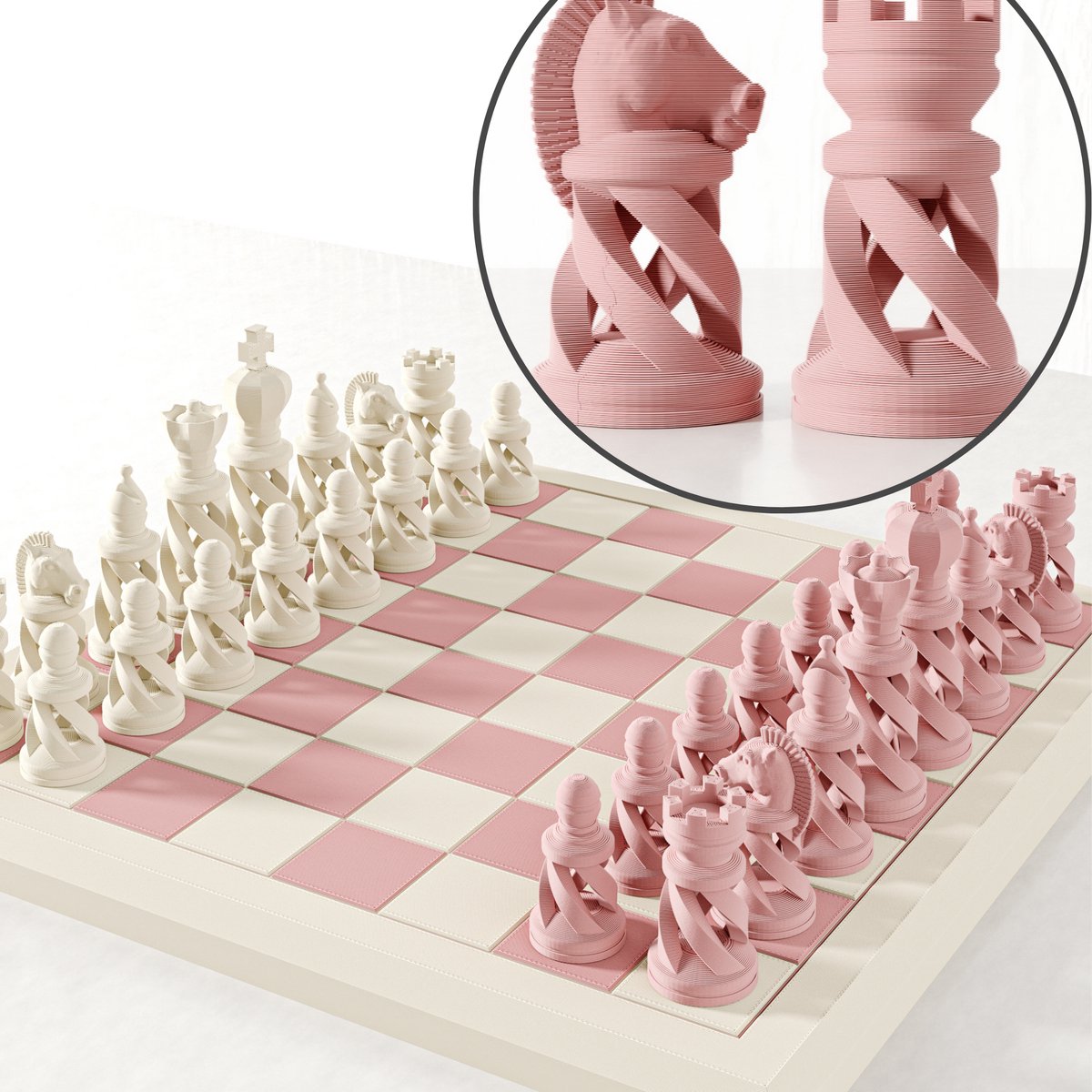 Fleuriek - Luxe schaakbord - Schaakspel in pastel kleuren Beige & Roze - Schaakset met moderne spiraalvormige schaakstukken - Schaakspel 40x40 cm