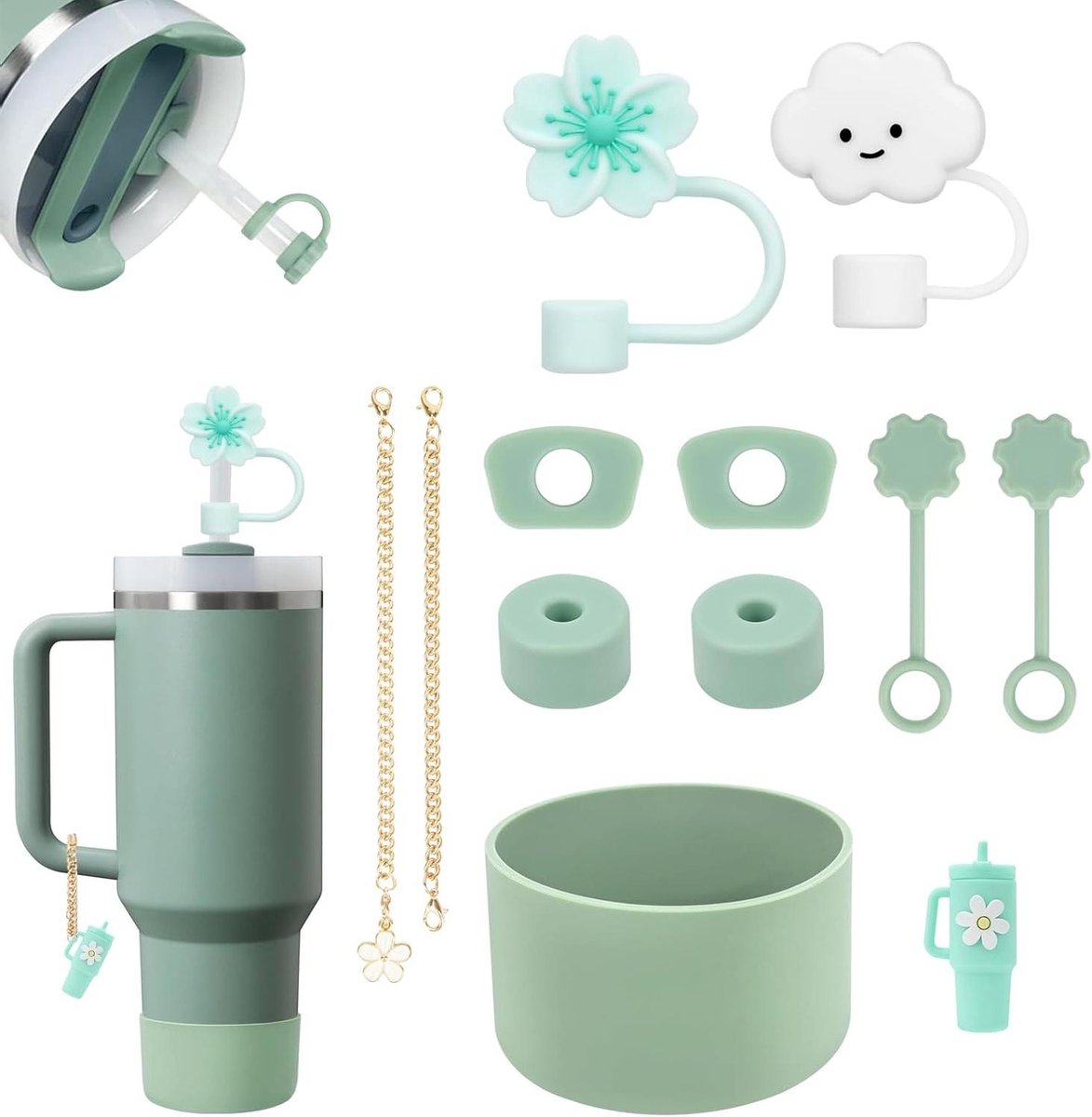 Inovra Plus - Drinkflessen set met lekbescherming en accessoires - 11 stuks - Shale groen - Voor onderweg