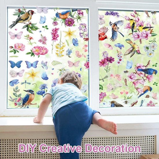 Vensterafbeeldingen lente, 9 vellen raamstickers, zelfklevende vogels, bloemen, vlinders, raamdecoratie, lente, raamfolie, kinderkamer, herbruikbaar, lentedecoratie, raam