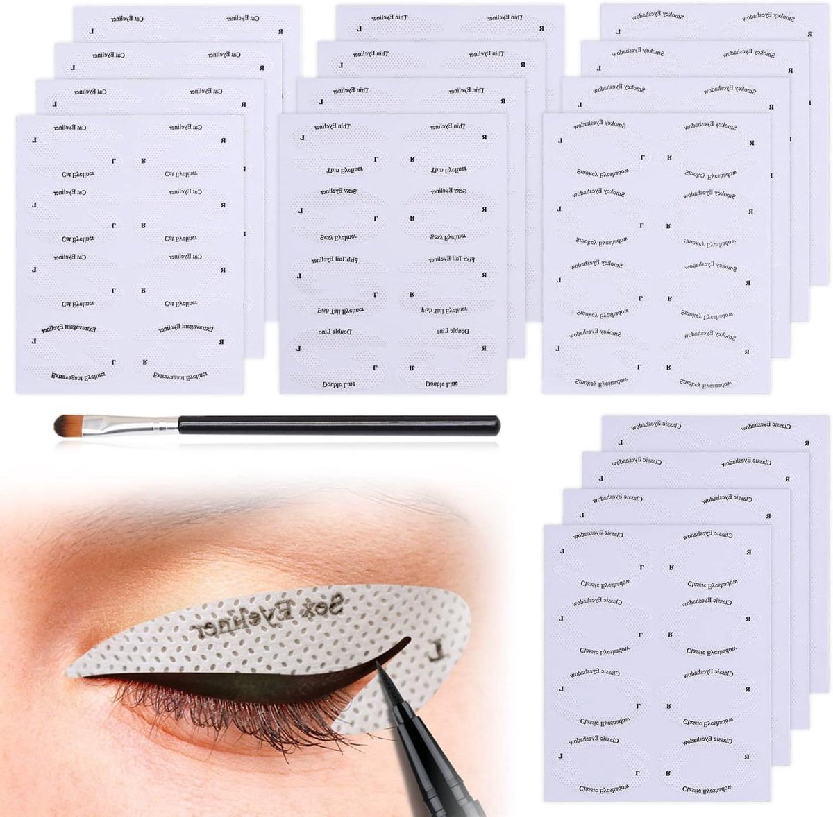 Allecto Plus - 16-delige Eyeliner en Oogschaduw Stencils met 1 Oogschaduw Kwastje - Make-up Sjablonen voor Eyeliner en Oogschaduw - Make-up Sjablonen - Snelle Oogmake-up Set Geschikt voor Beginners