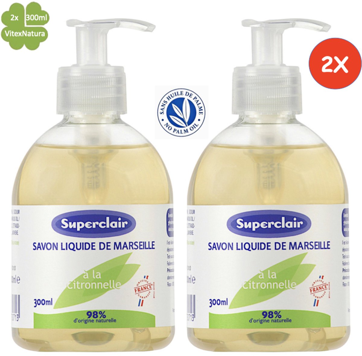Marseille vloeibare zeep 2x300ml | Verrijkt met essentiële olie van citroengras en glycerine | Superclair