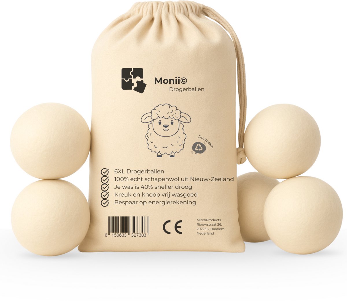 Monii Drogerballen XL – 6 Stuks – Wasdrogerballen – Droogballen – Wasbol – Wasballen – Wasverzachter – 100% schapenwol – Herbruikbaar – Versnelt & Verzacht Was