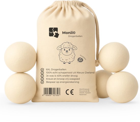Foto: Monii drogerballen xl 6 stuks wasdrogerballen droogballen wasbol wasballen wasverzachter 100 schapenwol herbruikbaar versnelt verzacht was