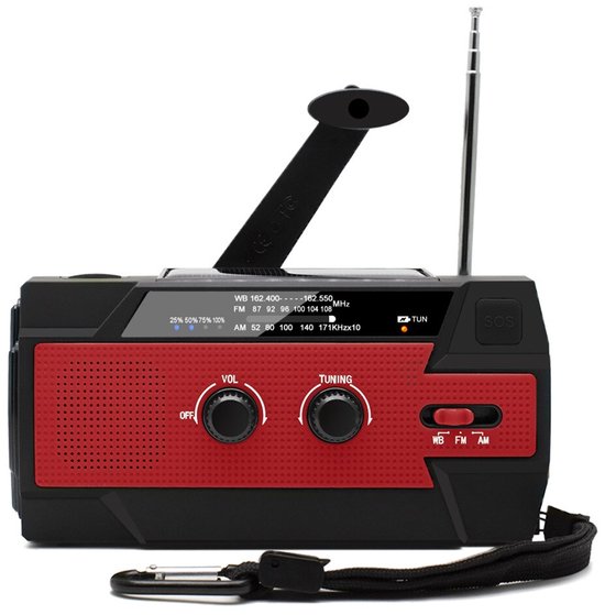 Noodradio - Opwindbare radio - Dynamo / Solar / Zonnepaneel - Opwindbaar - Zaklamp - Powerbank - Survival / Camping radio - FM - AM - Leeslamp - SOS Alarm