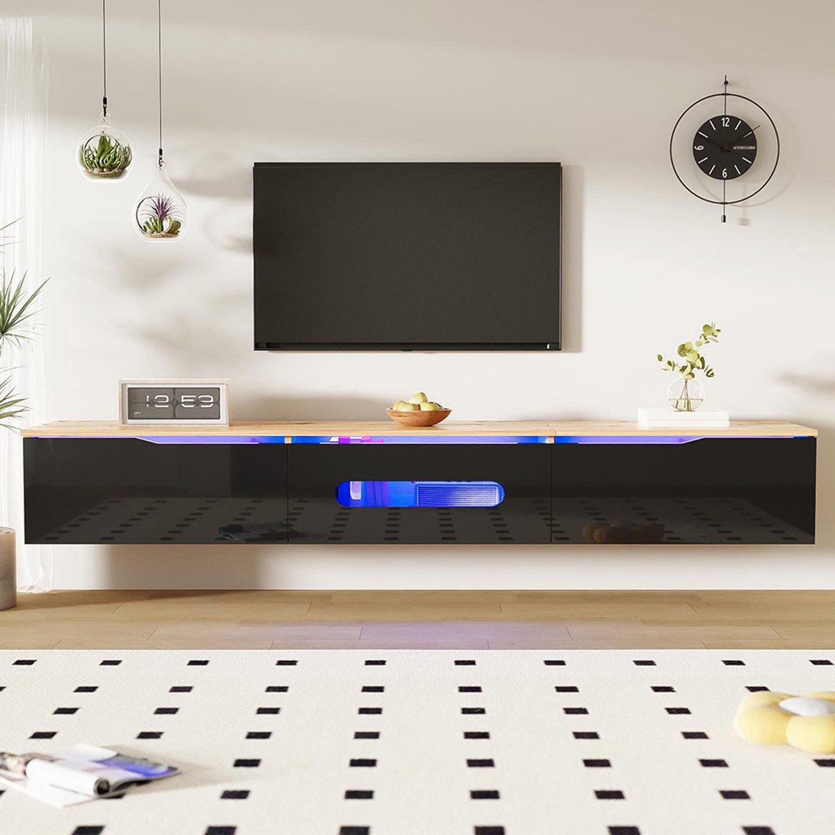 Pugsdrly Tv-meubel, 180 cm, glanzend oppervlak, met 16 kleuren ledverlichting, kan aan de muur worden bevestigd Zwart+Hout