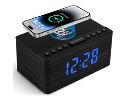 Neveda Digitale Wekkerradio Met Draadloze Oplader Telefoon - Wekkers digitaal op netstroom - Klokradio Slaapkamer - Voor kinderen & Volwassenen - Zwart hout