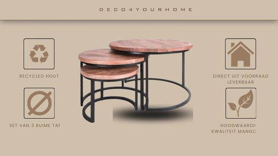 Deco4yourhome® - Table basse lot de 3 - Bois de Mango - Table basse ronde - Zwart - Lukas