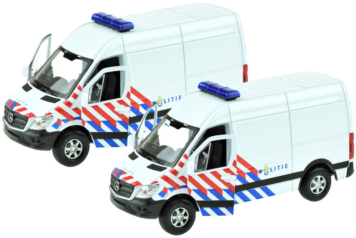Welly Speelgoed Mercedes Politie auto - 2x - wit - die-cast metaal - 11 cm - Model Sprinter