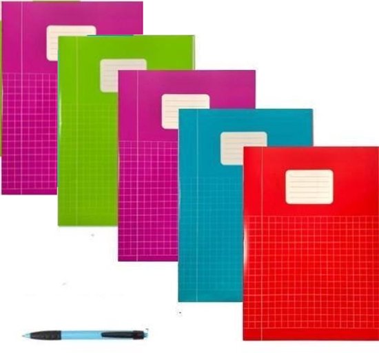 Schriften A4 Ruitjes 10mm - Met Kantlijn - Set van 5 stuks - Felle kleuren - Inclusief GRATIS Balpen - GRATIS verzonden
