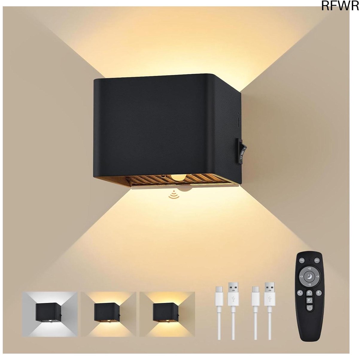 RFWR® Oplaadbare wandlamp met bewegingssensor en afstandsbediening, 6000 mAh, Dimbaar, voor Binnen, 3 Modus, 2700K-6500K