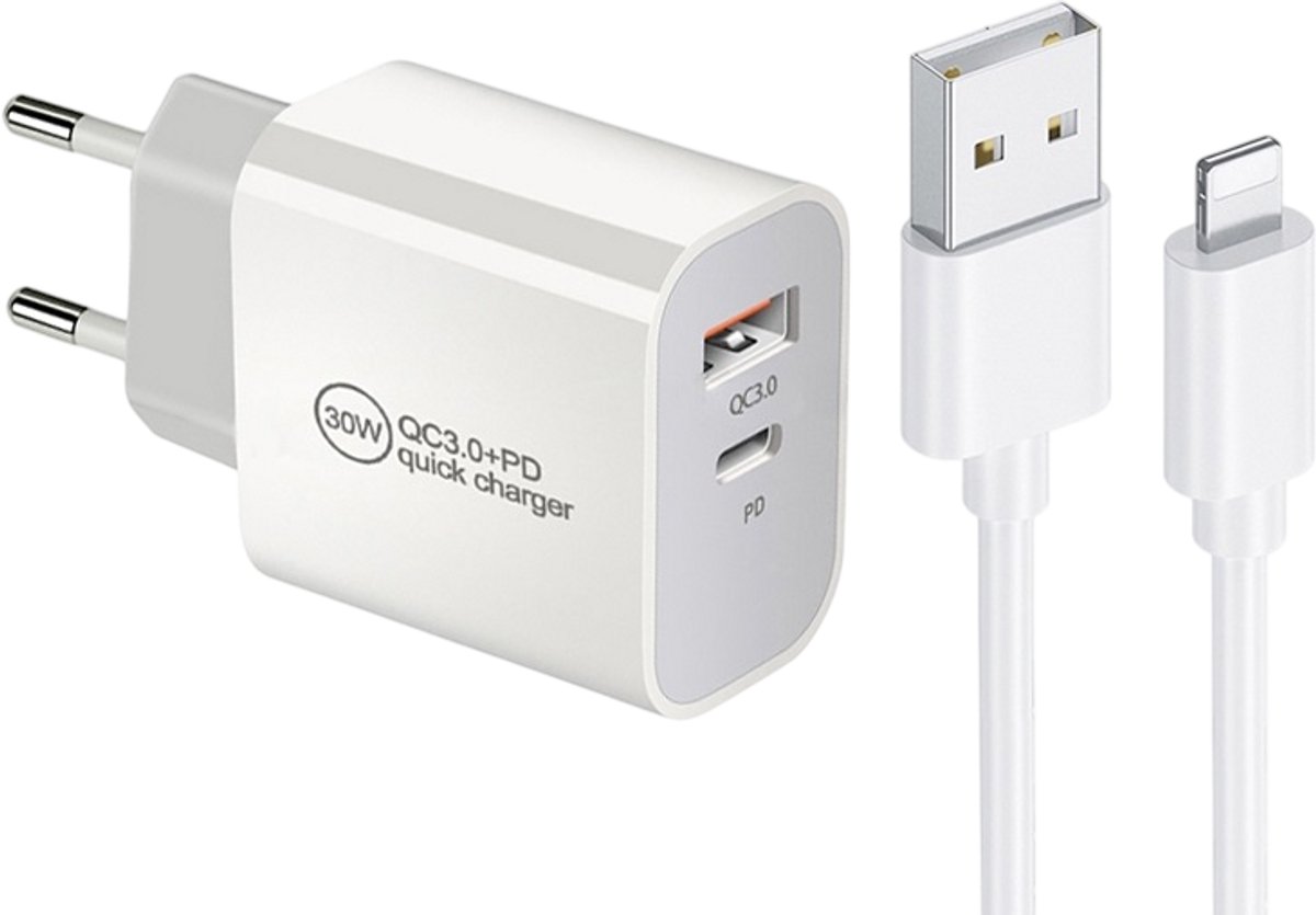 30W USB-C + QC3.0 USB Dual Port Snellader met 1 meter USB naar 8-Pin Kabel - PD3.0 & QC3.0 Oplader geschikt voor iPhone en iPad - wit