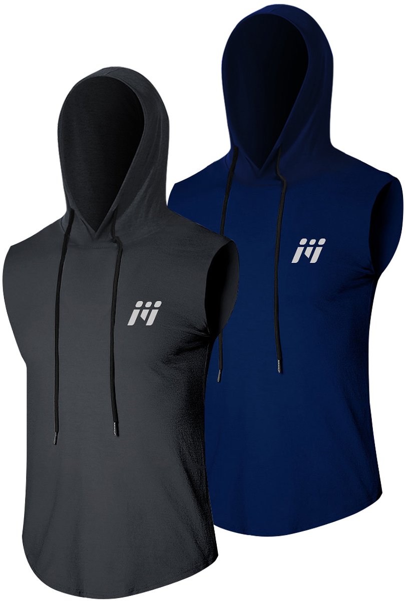MEETEU Heren workout tanktops met capuchon (2-pack) mouwloze gym hoodies bodybuilding muscle cut-off T-shirt-Grijs/Blauw-XXL