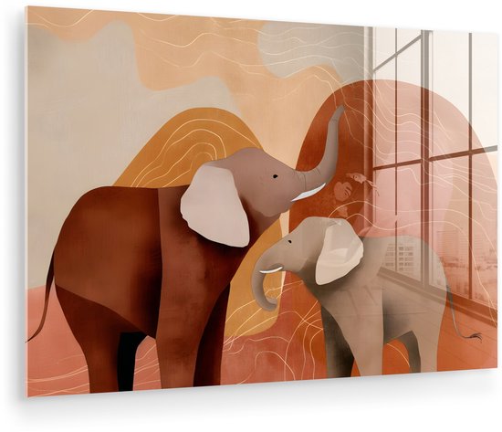 MuchoWow® Glasschilderij 180x120 cm - Schilderij acrylglas - Olifanten - Oranje - Abstract - Foto op glas - Muurdecoratie woonkamer - Wanddecoratie slaapkamer - Schilderijen