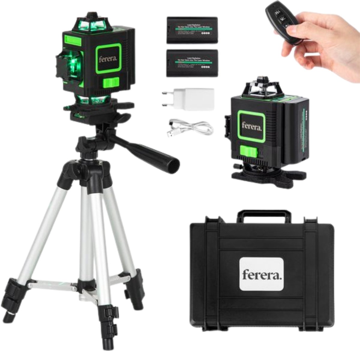 Ferera Kruislijn Laser - 4D - Professionele Bouwlaser - 4 tot 16 Lijnen - 360° - Zelfnivellerend - Knipperfunctie - Complete Set - Inclusief Draagkoffer - Muurbeugel - Tripod - Afstandsbediening
