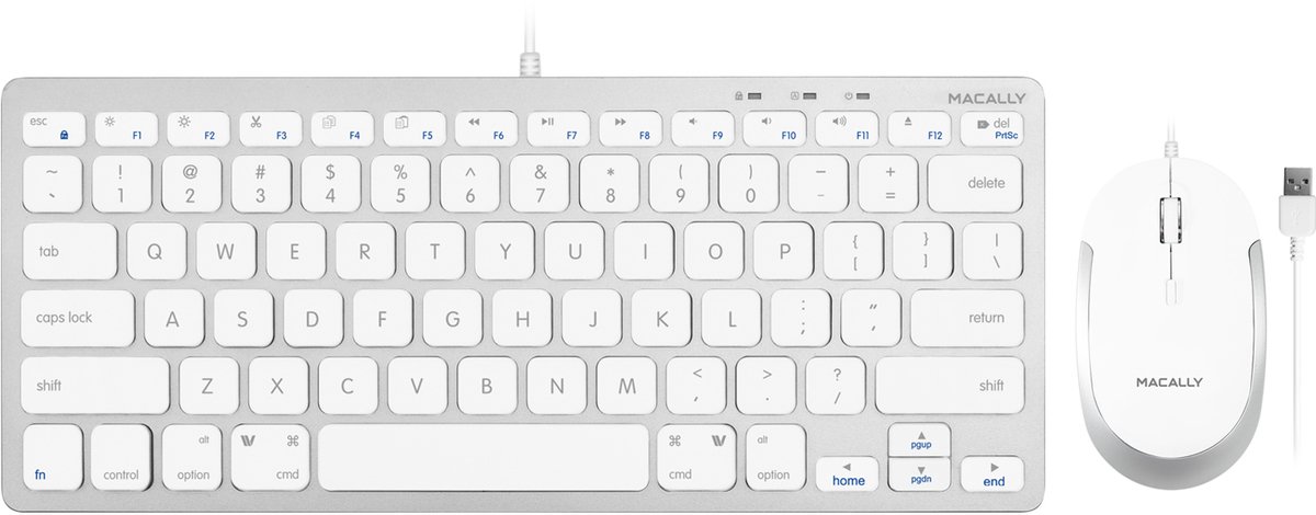 Macally SLIMKEYCACOMBO bedraad USB-A compact toetsenbord en muis - Wit/Zilverkleurig - Toetsenbord met US (QWERTY) layout