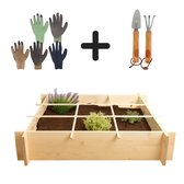 Esschert Design Moestuin Set – 100x100 cm – Inclusief Minischep, Hark en Worteldoek & Nitril Handschoenen – 9 Vakken – Moestuinset voor Balkon of Tuin