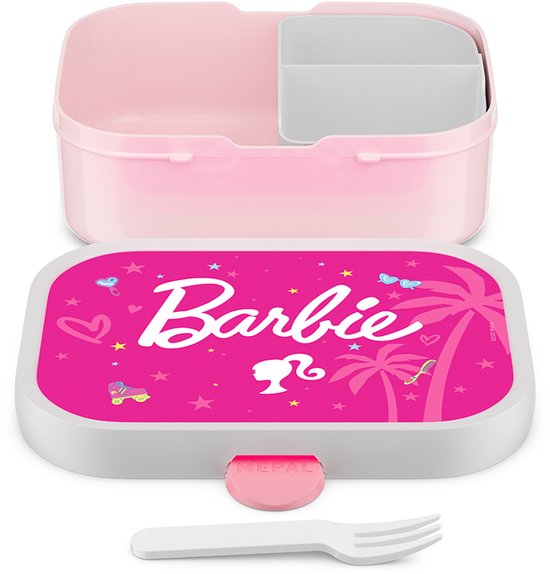 Boîte à pain Mepal rose avec impression Barbie, compartiments intérieurs séparés et fourchette.