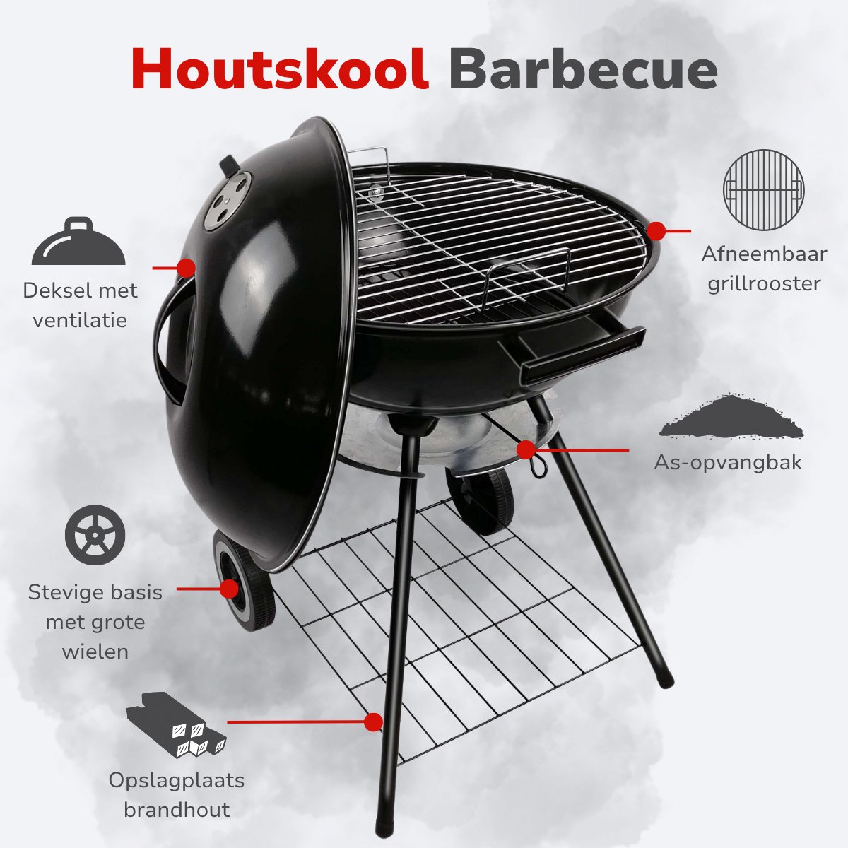 alpina Houtskool BBQ - Kogelbarbecue Ø43 cm - Barbecue met Deksel en Wielen - Geïntegreerd Ventilatiesysteem - Verwijderbare Asopvangbak - Zwart – foto 3