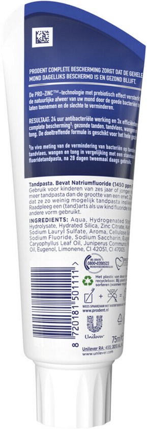 Achterkant van Prodent tandpastatube met ingrediëntenlijst en recyclebare tube symbool. 75 ml.