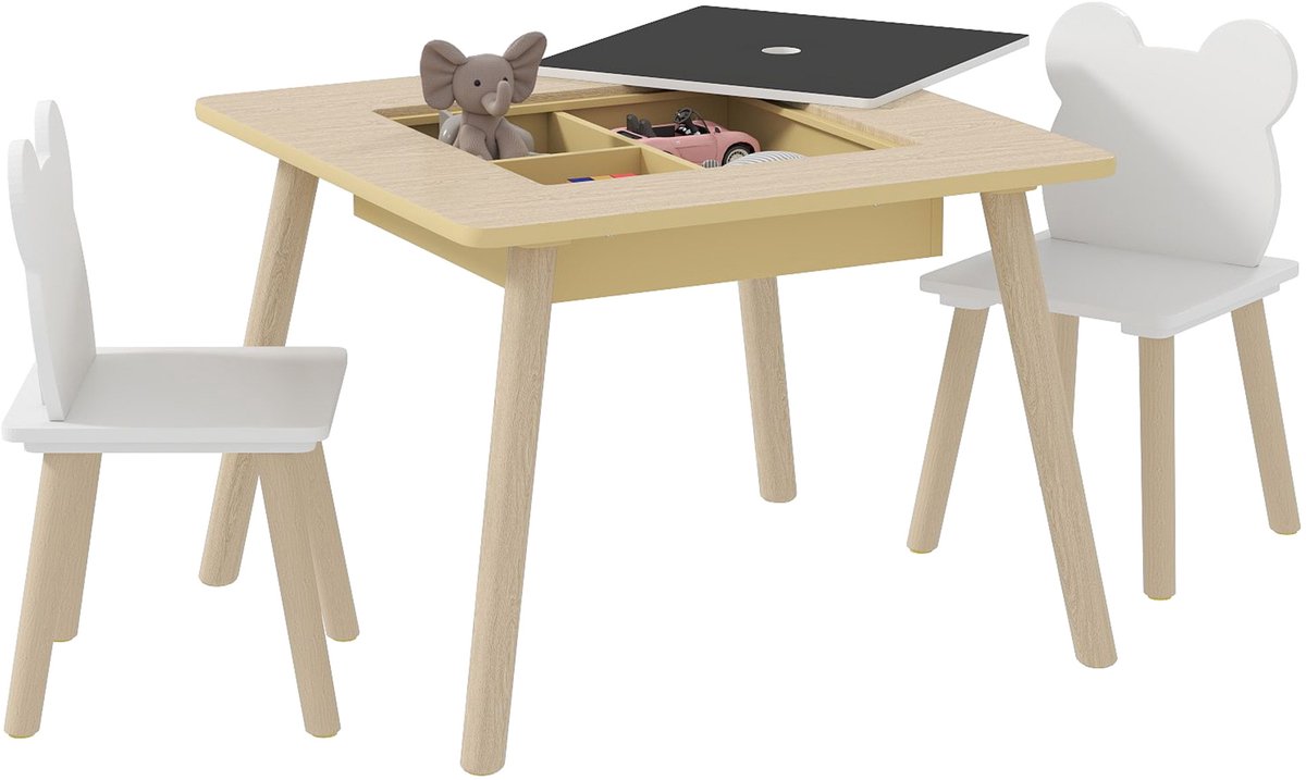 AIYAPLAY - Kindertafel en stoelenset - MDF - 60x60x44cm - Hout naturel