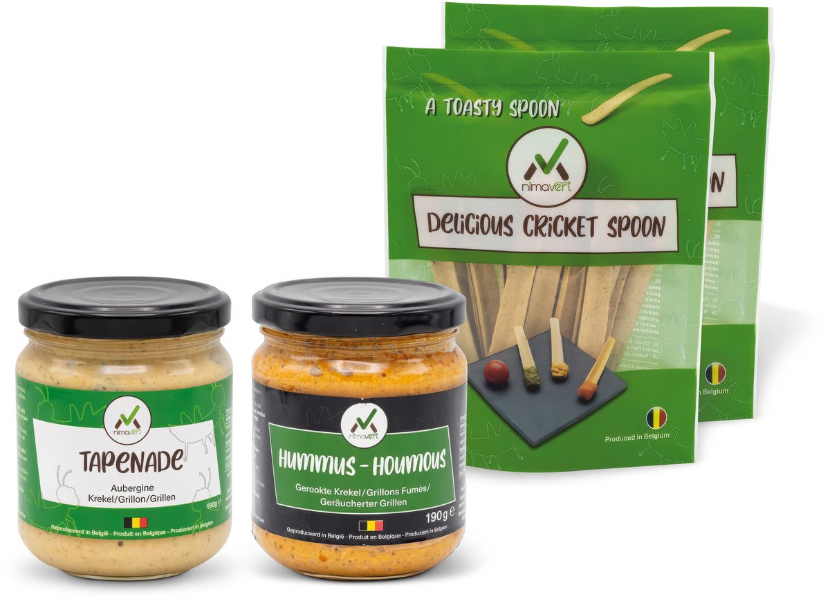 Nimavert: Tapenade aubergine/krekel - hummus gerookte krekel - Delicious Spoons