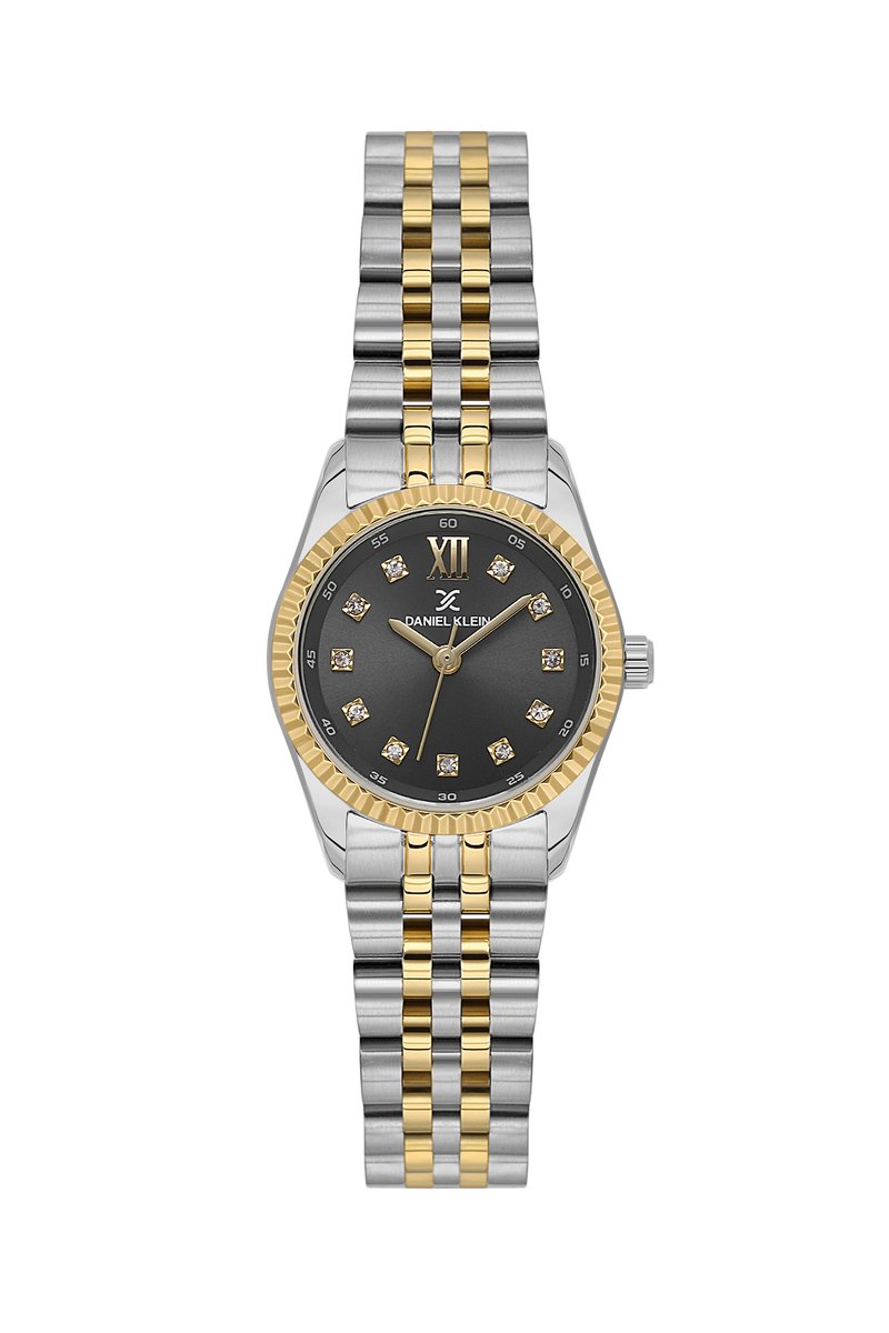 Daniel Klein DK.1.13925-5 - Horloge - Polshorloge - Analoog - Vrouwen - Dames - Stalen band - Rond - Metaal - Romeinse Cijfer - Cijfers - Kleine Briljanten Vierkantjes - Zilverkleurig - Goudkleurig - Zwart
