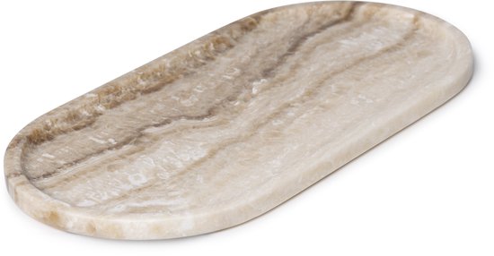 Ovaal dienblad van lichtbruin onyx met gedraaide aders.