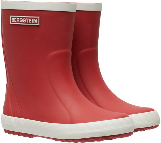 Une paire de bottes de pluie Bergstein rouges avec semelles et bords blancs.