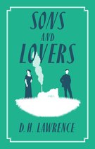Boekcover van Sons and Lovers door D.H. Lawrence, met een man en vrouw in klederdracht uit de vroege 20e eeuw, en een fabriek op de achtergrond.