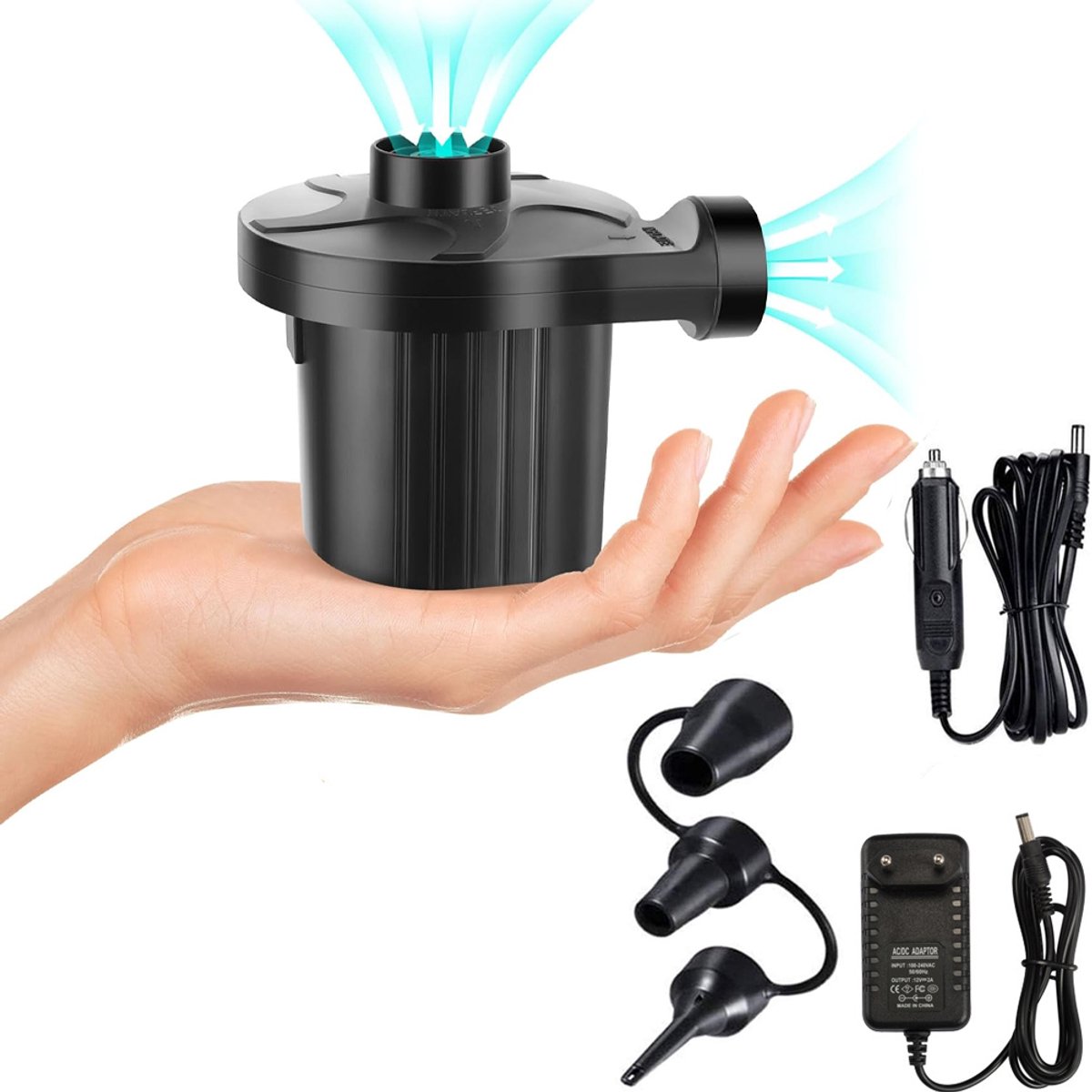 Elektrische Pomp - Luchtbedpomp - Zwembadpomp - Elektrische pomp luchtbed - Met Stekker en Autolader - 3 Tips - 110/240V - Met inflate en deflate functies - Luchtpomp voor luchtbed, zwembad en oplaasboot - Compact - Zwart
