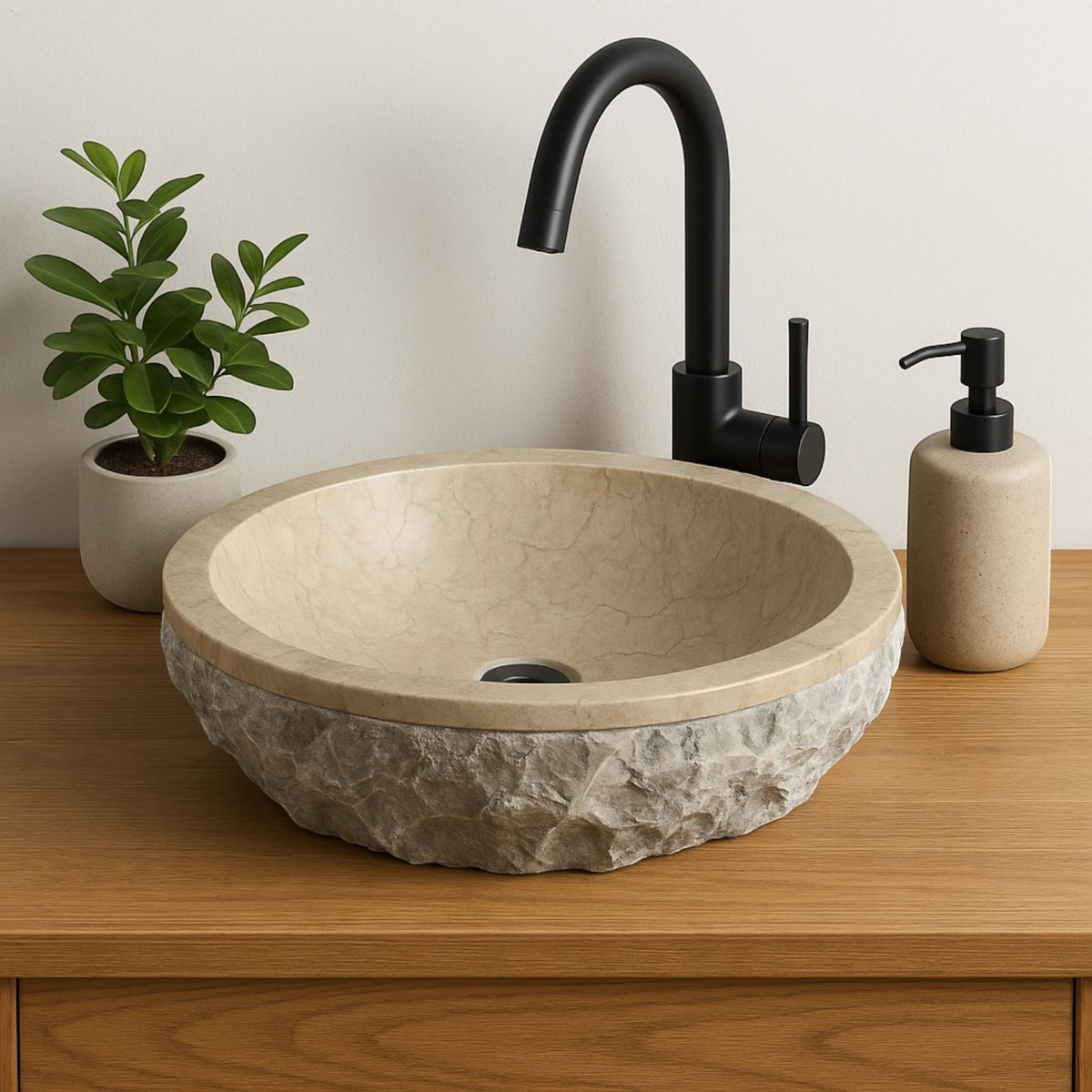 Lendo Online Wastafel rond 40x40x15 cm Marmer - natuursteen crème - wasbak voor badkamer en toilet - spoelbak - waskom - unieke vorm en kleur!
