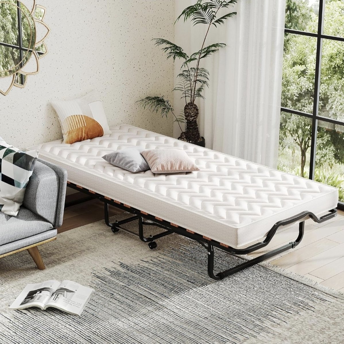 Opvouwbaar bed 80 x 200 cm met 4 wielen Reisbed Opvouwbaar bed voor volwassenen met traagschuimmatras, eenpersoonsbed met lattenbodem, metalen bed, maximale belasting 120
