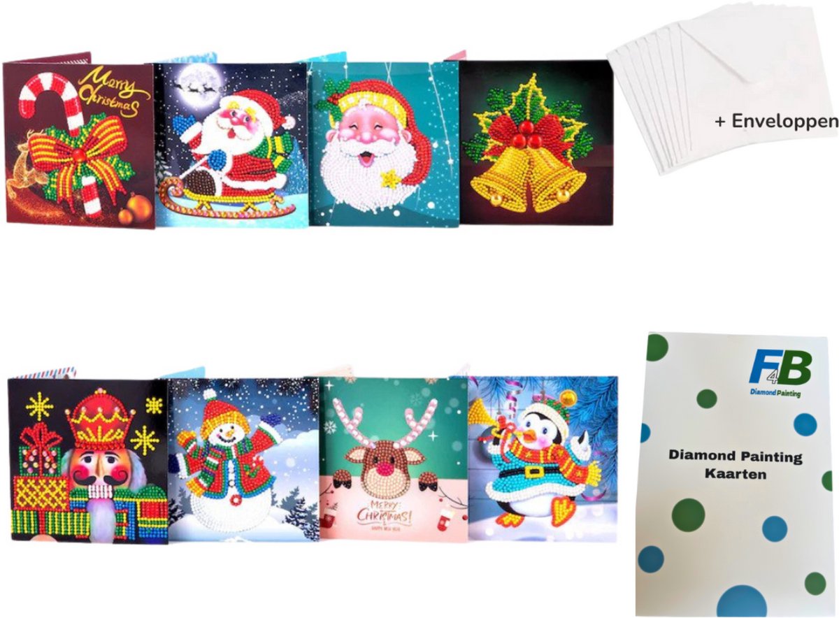 F4B Diamond Painting Kerstkaarten (4) – 8 Stuks – 15x15 cm – Met Enveloppen